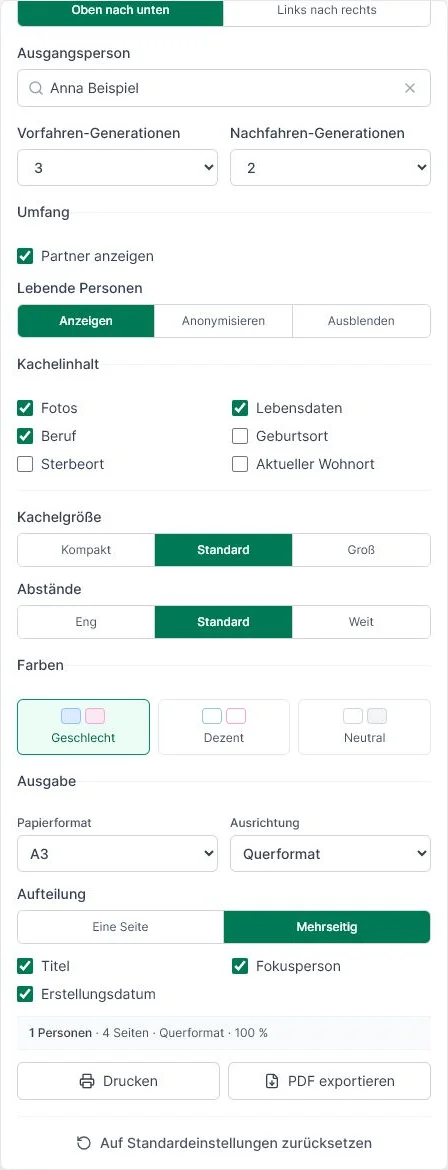 Ausgabeoptionen für Papierformat, Ausrichtung, Aufteilung, Druck und PDF-Export