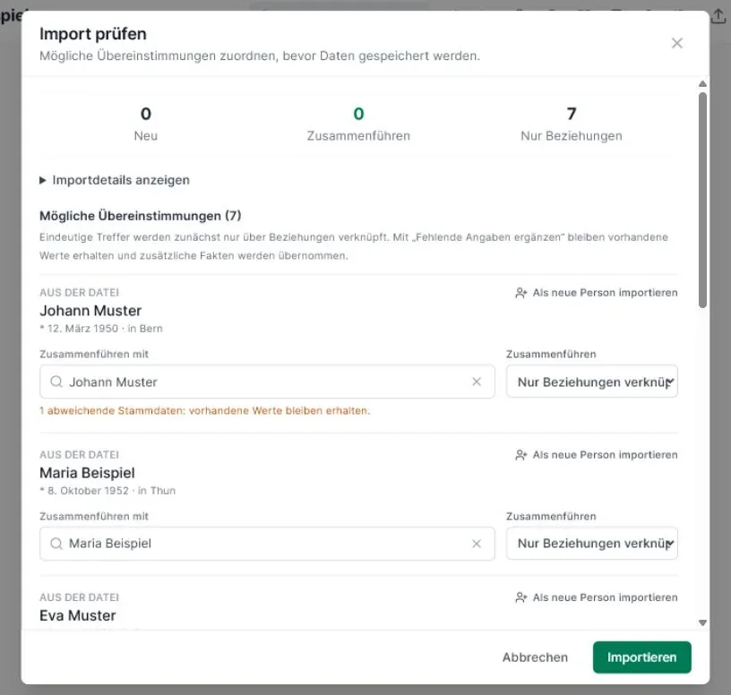 Zuordnung möglicher GEDCOM-Duplikate zu bestehenden Personen