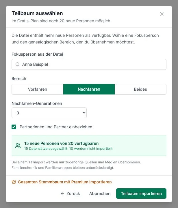 Auswahl einer Fokusperson und der Nachfahren für einen GEDCOM-Teilimport