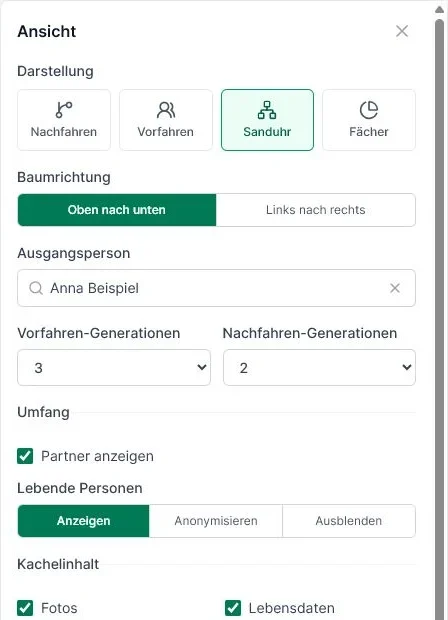 Ansichtsmenü mit Sanduhrdarstellung, Fokusperson und Generationenauswahl